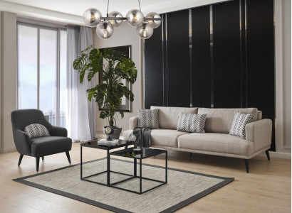 Sofagarnitur Sofa 3 Sitzer Sessel Stoff Beige Modern Polyester Set